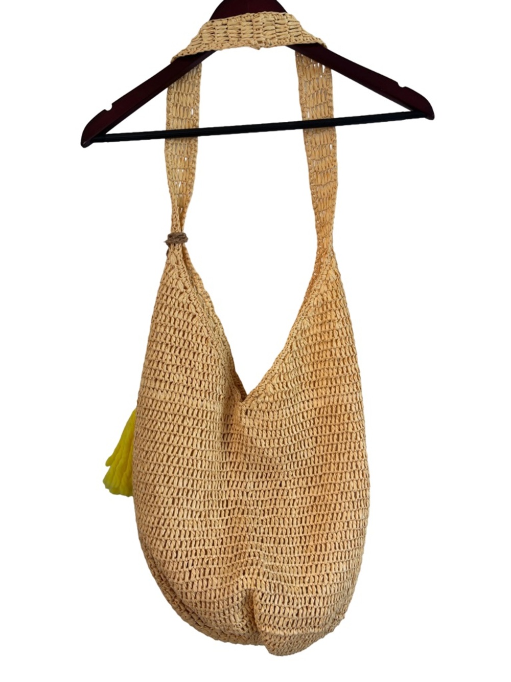 Woven Straw Shoulder Bag with Pink and Yellow Tassels - Picture 3 of 6